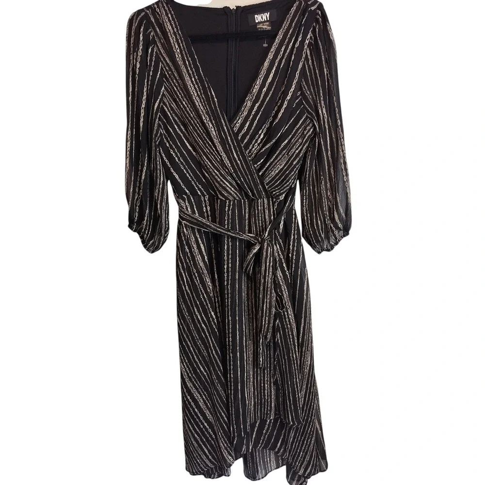 DKNY Womens Faux Wrap‎ Midi Dress Black Gray Chain Link Stripe Size 14 V-Neck